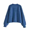 Za invierno azul de gran tamaño cardigan de punto mujeres de manga larga más tamaño suéter suelto femenino elegante botón arriba abrigo de punto tops 211011