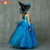 Elegant Peacock Feather Costume Girls Fluffy Layered Peacock Tutu Dress with Witch Hat Kids Pageant Party Ball Gowns Dresses 210317