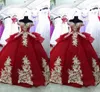 Gold Floral Applique Quinceanera Dress Off The Shoulder Boall Gowns Birthday Party For Girls Red layers Sweet 16 Dress Tulle Formal Cheap