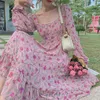 Abito floreale elegante rosa Abito longuette in chiffon con stampa autunnale da donna Abito casual femminile coreano dolce 2021 primavera Y1204