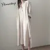Yitimuceng Button Up Dress Mujer Midi Vestidos de gran tamaño Manga de linterna Cintura alta Beige Blanco Primavera Verano Moda coreana 210601
