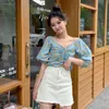 Vintage Puff Sleeve Floral Blouse Women Short Sweet Designer Chiffon Tops Female Spring Casual Lady Sexy Party Clothes 210604