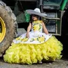 かわいいメキシコの白と黄色のボールふくらんでいる花の女の子ドレスストラップ3D花の花刺繍レースアップリケ