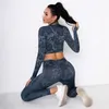 2 st Kvinnor Yoga Passar Sexig Camouflage Sports Running Suit Push Up Gym Leggings + Beskuren Top Girl Seamlyoga Sets Fitnset X0629