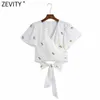 Zevity Women Sweet Cross Vネック中空アウト花刺繍ショートスモックブラウス女性裾蝶ネクタイシャツシッククロップトップスLS9265 210603