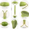 Conjunto 2 em 1 Rolo de jade natural verde GuaSha gua sha Raspador Ferramentas Massageador facial de pedra para pescoço, costas, mandíbula, cuidados com a pele, levantamento com caixa JDK001