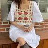 Korejpaa Kobiety Dress Summer Koreański Chic Vintage Square Collar Haftowane Kwiaty Szyte Luźny Rękaw Bubble Vestido 210526