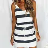 Women Fashion Sling Dresses Sleeveless V Neck Loose Casual Drawstring Striped Print Beach Mini Dress 210630