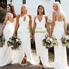 White Spaghetti Straps Satin A Line Long Bridesmaids Dresses Side Split Plus Size Maid Of Honor Wedding Guest Gowns 328 328