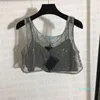 Kadın T-Shirt Üçgen Rozeti Tişörtleri Yanıp Sönen Rhinestone Hollow Mesh Camisole Kadın Giysileri Seksi Yular Tankları