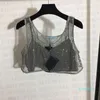 Women's T-Shirt Triangle Badge T Shirts Flashing Rhinestone Hollow Mesh Camisole Womens Clothing Sexy Halter Tanks