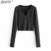 Zevity Donna Semplicemente Scollo a V Diviso Tinta unita Short Chic T Shirt Donna Manica lunga Orlo con volant Casual Slim Crop Top LS7620 210603