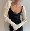 Maglione scialle lavorato a maglia a costine alla moda a righe Cardigan donna corto Sciarpa a maniche lunghe Streetwear Autunno Inverno 210218