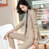 Plus size women's S-4XL high quality female pants suit two-piece Fall plaid ladies jacket Slim skirt trousers 210527