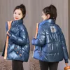 Damen-Daunenparkas, glänzender Stehkragen, Damen-Winter-Pufferjacke, Übergrößenmantel, Windschutz, gesteppte Mäntel, abgeschnittene Kawaii-koreanische Jacken, O