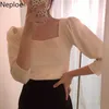 Neploe Solid T Shirt Spring Chic Korean Square Collar Puff Sleeve Ladies Tees Fashion Slim Fit Female Tops 1A367 210722