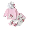 Kış Çocuk Setleri Casual Kızlar Pamuk Uzun Kollu Kapşonlu Baskı Çiçek Cebi Pembe Pantolon Giysileri 3M-24M 210629