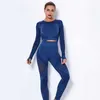 2 sztuk Kobiety Joga Zestaw Bez Szwu Koszulki Fitness Outfit Z Długim Rękawem Crop Top Gym Ubrania Workout Pant High Waist Legginsy Sport Suit 210813