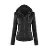 Basic Pu Leather Jacket Women Stylish Long Sleeve Solid Color Zipper Removable Hooded Female Winter Motorcycle Coat 211029