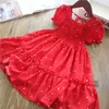 3-8 anos meninas princesa vestido para crianças verão fada sopro de manga curta elegante festa de aniversário vestido de esfera crianças roupas sundress q0716