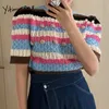 Yitimuceng 니트 여성 스웨터 슬림 짧은 퍼프 슬리브 O 넥 봄 여름 한국 패션 오렌지 핑크 탑 210601