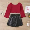 Inverno crianças conjuntos casual manga longa t-shirt sólida de couro pu preto saia preto 2 pcs meninas roupas 18m-6T 210629