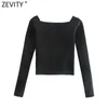 Zevity kvinnor helt enkelt slash neck långärmad chic camis tank dam svart vit stickad väst slim t-shirt avslappnad gröda toppar sw846 210603