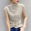 Shintimes Il nuovo modo di autunno della stampa del leopardo T-shirt dolcevita maglietta manica corta T Shirt Donna 3XL Plus Size vestiti 210311