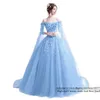 Gula applikationer Blommor Bateau Ball Gown Quinceanera Klänningar Tulle Sweet 16 Debutante Prom Party Dress Custom Made 44