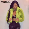 Viifaa Rose Red Solid Open Front Fuzzy Crop Faux Fur Coat Women Winter Fashion OuterWear Fluffy Fake Coats Jackor 211220