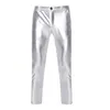 Motorcycle PU Leather Pants Men Brand Skinny Shiny Gold Coated Metallic Trousers Nightclub Stage Perform for Singers 210715