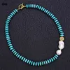 GuaiGuai Jewelry Freshwater Cultured White Keshi Pearl Blue Disc Turquoises Gems Stone Necklace 20"