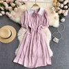 College Sweet Dress Women Fashion Summer Contrast Lapel Lace-up Hollow Slim A-line Short Sleeve Vestidos S448 210527