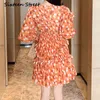 Kvinnans klänning V-hals tryckta polka dot orange dam vestidos hög midja bana design Ruffles kvinnlig vår höst 210603
