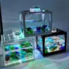 Mini acquario per pesci con luci a LED, decorazione per casa e ufficio, scatola di alimentazione, accessori per acquari