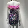 Casual Sukienki Moda Sexy Błyszczące Kolorowe Cekiny Pióro Sukienka Kobiet Tube Top Rękawów Bodycon Halter Club Party Mini