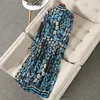 2021 Spring Long Sleeve Round Neck Blue Floral Print Ribbon Tie Bow Paneled Midcalf Dress Elegant Casual Dresses NM12210119117530649