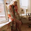 Fitshinling Vintage Print Floral Beach Cover Up Summer Swimwear Bikini Capispalla Flare Sleeve Oversize Bohemian Long Cardigan 210722