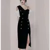 Frauen Kleid Sommer Vintage Elegante Kleider Off Schulter Kurzarm Split Sling Robe Büro Bodycon Sexy Vestidos 210603