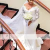 Plus storlek arabiska sjöjungfrun spets sexiga bröllopsklänningar v-hals långa ärmar enkla skräddarsydda brudklänningar