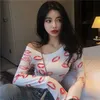 Off-Shoulder Snanted Collar Top Women's European And American Sexy Micro-Transparent Printed Slim Lips Tun T-shirt 210604