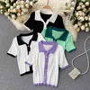 Korte mouw polo shirt vrouwen mode zomer knoppen brei cardigan crop top kleur match slanke stretch casual dames toppen 210603