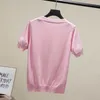 VANOVICH Summer Fashion Knit T-shirt con perline colletto tondo Casual da donna a maniche corte in stile coreano ops femminile 210615