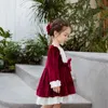 Toddler Girl Red Vintage Velvet Dress Bambini Lace Bow Lolita Princess Abiti Baby Christmas Frocks Kids Spanish Vestidos 210615