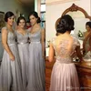 Sexy barato prata chiffon casamento vestidos de dama de honra bordados bordados uma linha com sweetheart manga curta sheer back chão comprimento bm0282