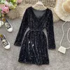 Autumn New Design Women's V-Neck Long Sleeve Sequined Shinny Bling With Belt Sashes Paillette Kort klänning