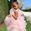 Pink Tutu Flower Girls Dress Vestido de manga curta Ruffles Ruffles Girl Birthday Vestidos de Ball vestido de casamento de casamento de concurso formal de concurso M86