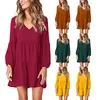 Autumn Women Casual Mini Dresses Loose V Neck Puff Sleeve Ruffle Swing Dress