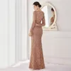 Long Sleeve Mermaid Evening Party Dresses Luxury Sequins Beaded Sexy Slit vestido de festa Fishtail Prom Gown