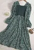 ビンテージボトムングスクエアネック花ドレス女性秋2021韓国のニットAラインステッチロングドレスvestidos y1204